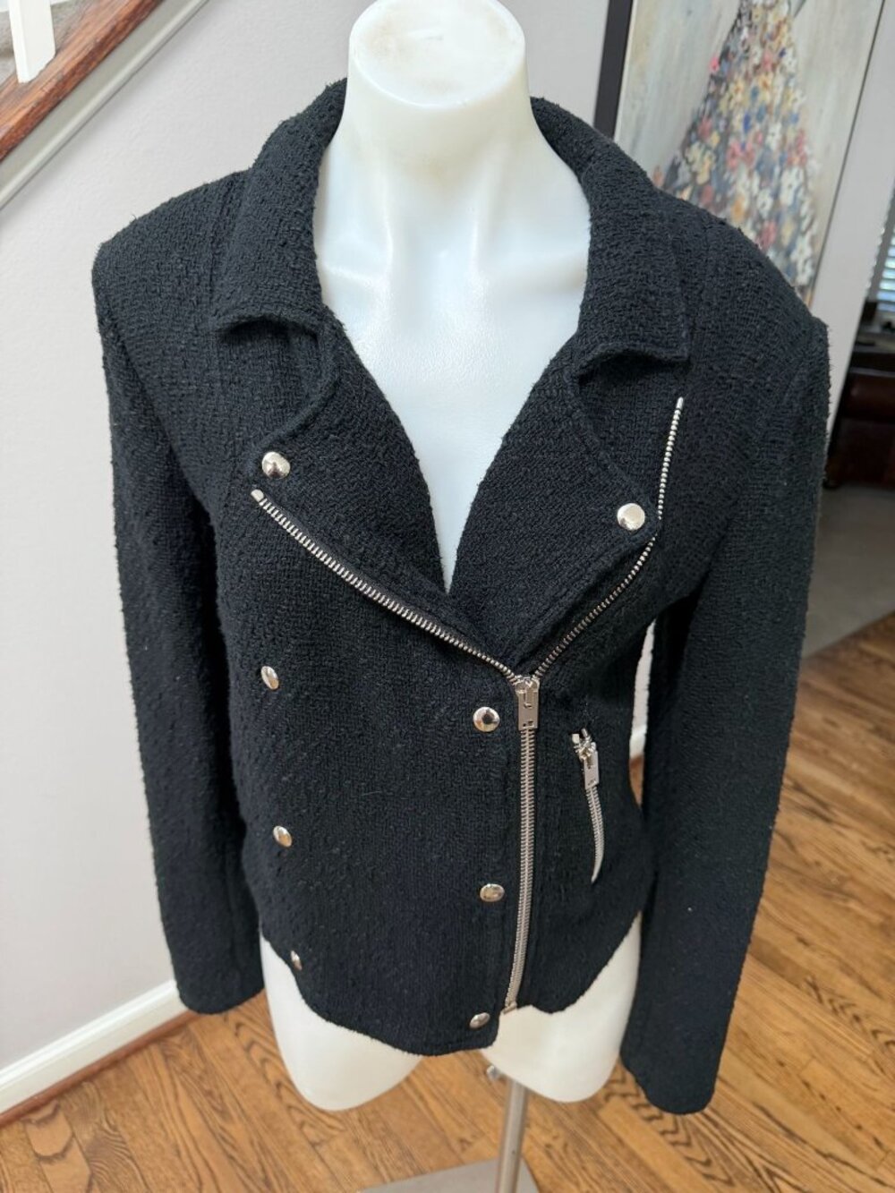 IRO Avery Black Knit Moto Jacket Boucle Tweed Blazer Size 38